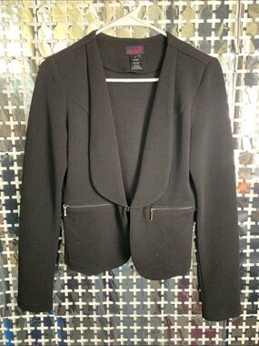 Flirtatious Black Textured Open-Front Blazer with fake Zip Pockets